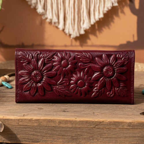 Hand-Tooled Leather Western Wallet – Maroon Floral Bifold Clutch, Handcrafted in Mexico