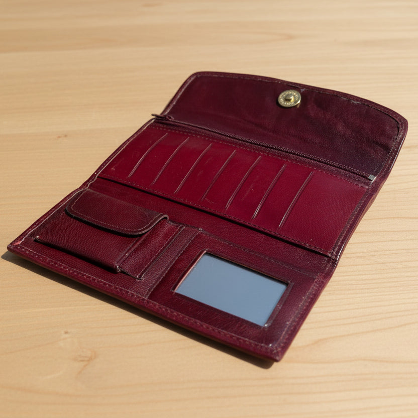 Hand-Tooled Leather Western Wallet – Maroon Floral Bifold Clutch, Handcrafted in Mexico