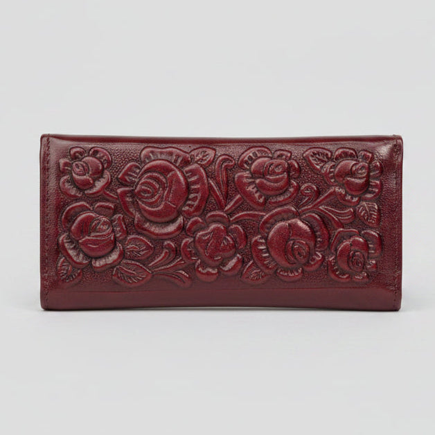 Hand-Tooled Leather Western Wallet – Maroon Floral Bifold Clutch, Handcrafted in Mexico
