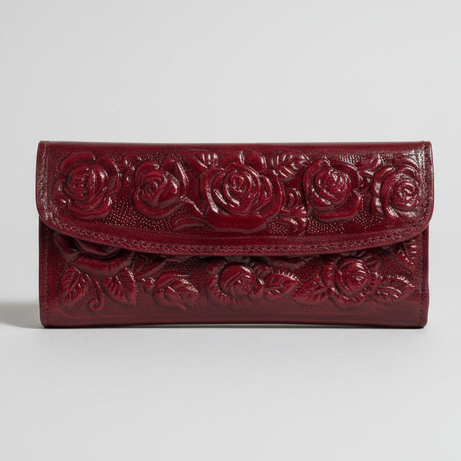 Hand-Tooled Leather Western Wallet – Maroon Floral Bifold Clutch, Handcrafted in Mexico