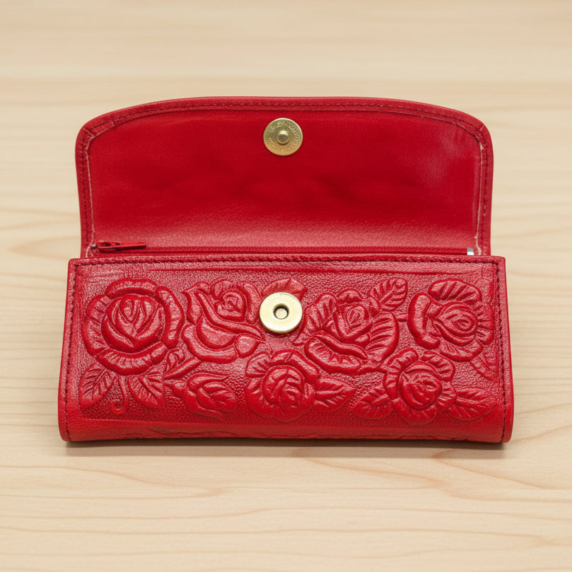 Hand-Tooled Leather Western Wallet – Red Floral Bifold Clutch, Handcrafted in Mexico