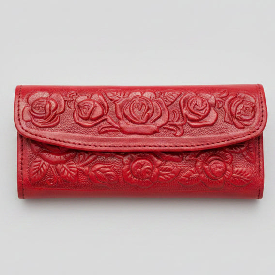 Hand-Tooled Leather Western Wallet – Red Floral Bifold Clutch, Handcrafted in Mexico