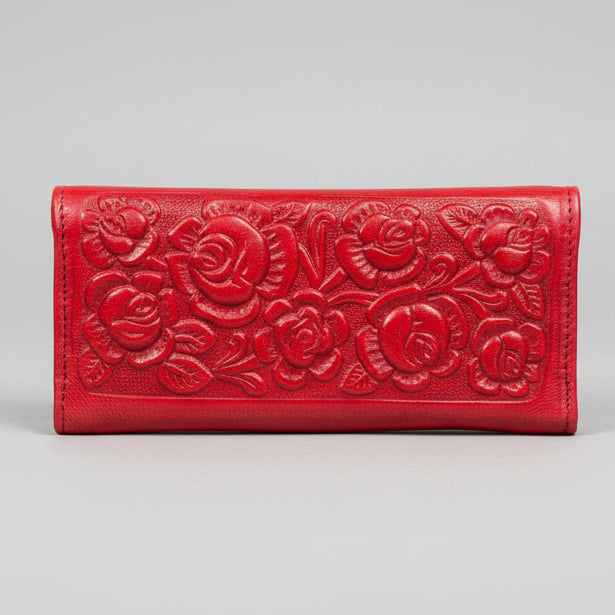 Hand-Tooled Leather Western Wallet – Red Floral Bifold Clutch, Handcrafted in Mexico
