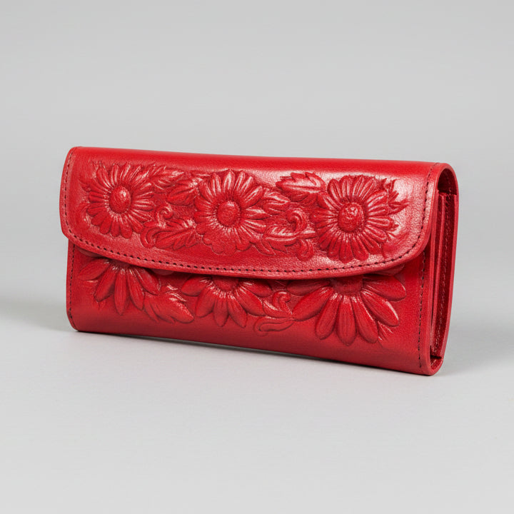 Hand-Tooled Leather Western Wallet – Red Floral Bifold Clutch, Handcrafted in Mexico