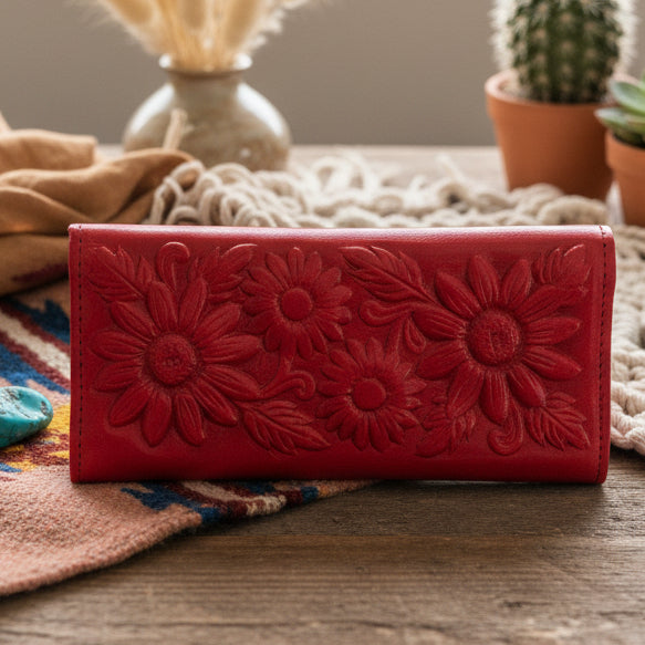 Hand-Tooled Leather Western Wallet – Red Floral Bifold Clutch, Handcrafted in Mexico