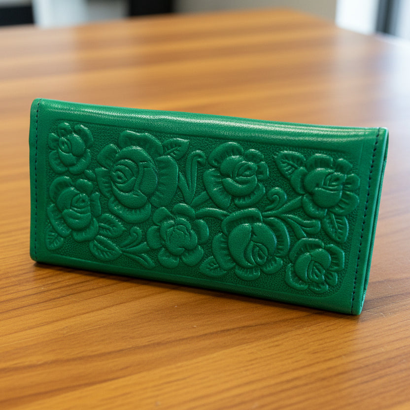 Hand-Tooled Leather Western Wallet – Floral Bifold Clutch, Handcrafted in Mexico
