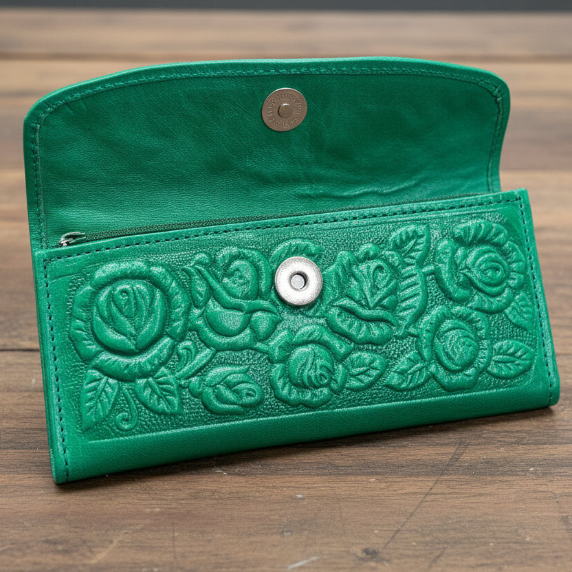 Hand-Tooled Leather Western Wallet – Floral Bifold Clutch, Handcrafted in Mexico
