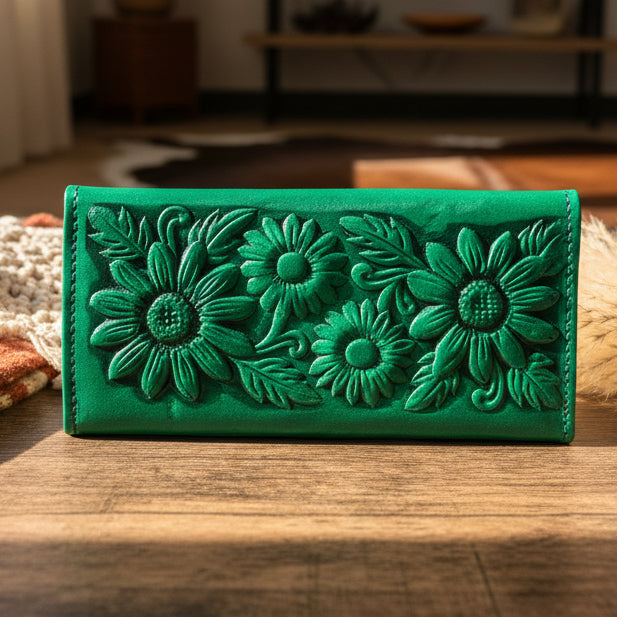 Hand-Tooled Leather Western Wallet – Floral Bifold Clutch, Handcrafted in Mexico