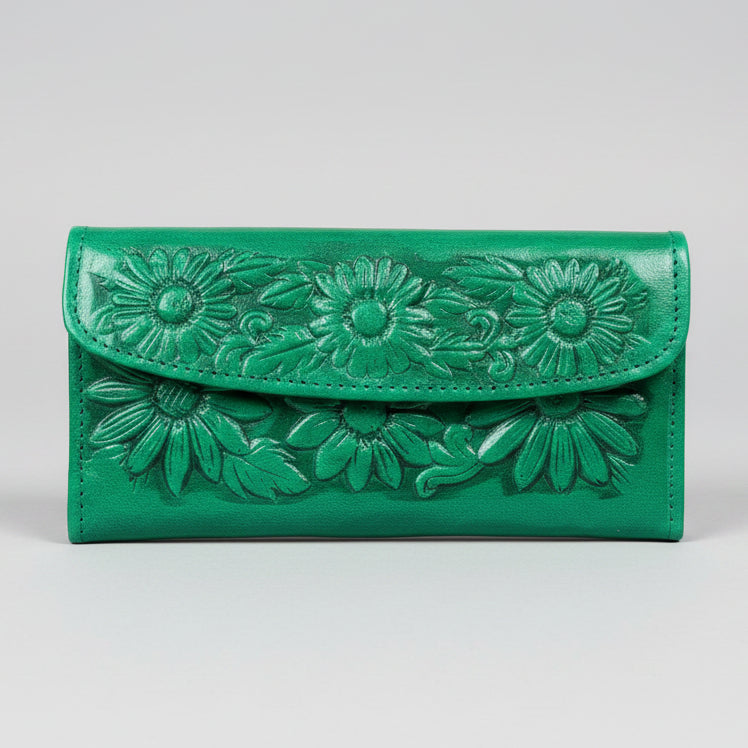 Hand-Tooled Leather Western Wallet – Floral Bifold Clutch, Handcrafted in Mexico