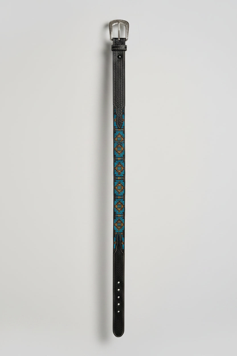 Hand-Tooled Leather Western Belt – Turquoise Aztec Diamond, Handcrafted in Mexico