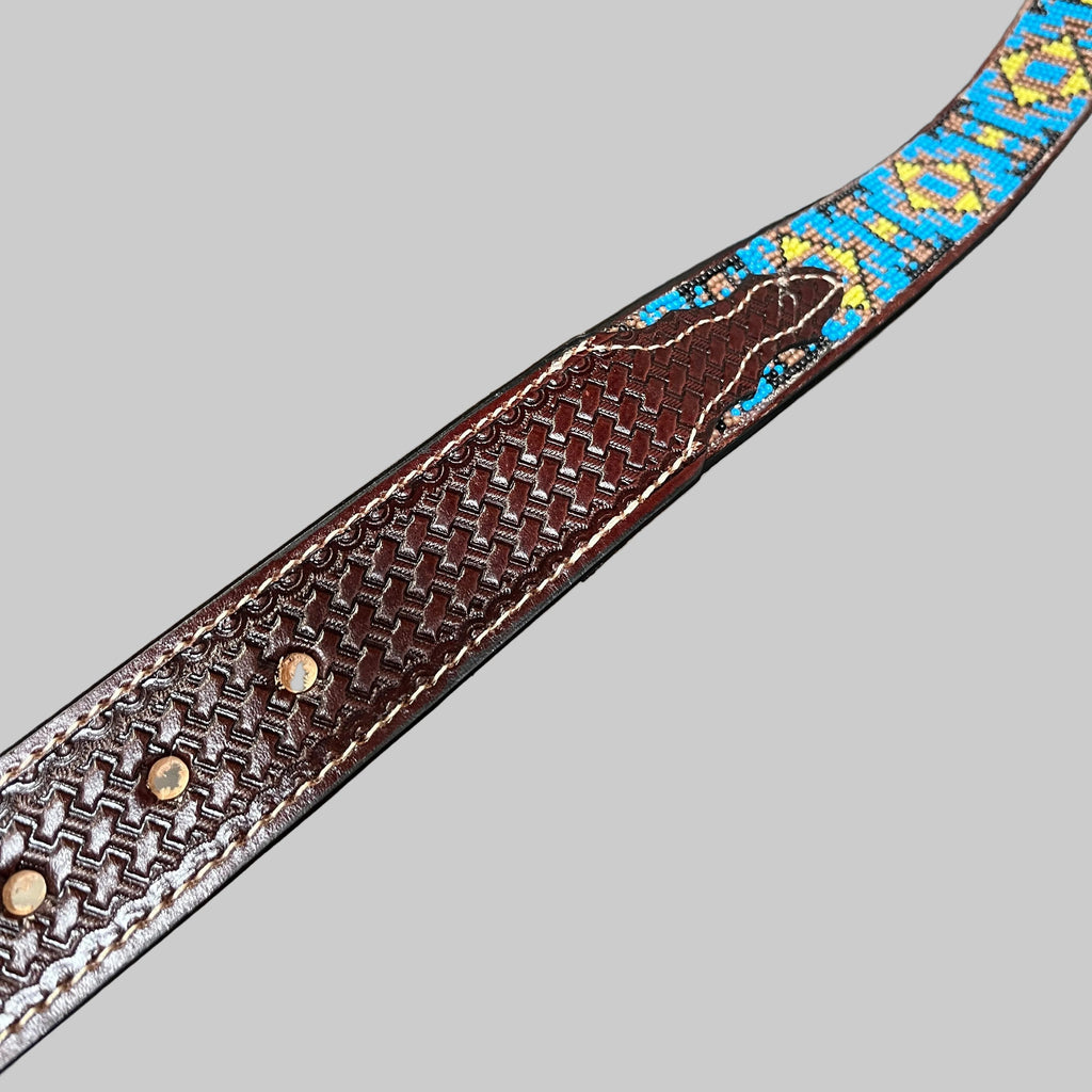 Hand-Tooled Leather Western Belt – Turquoise Aztec Diamond, Handcrafted in Mexico