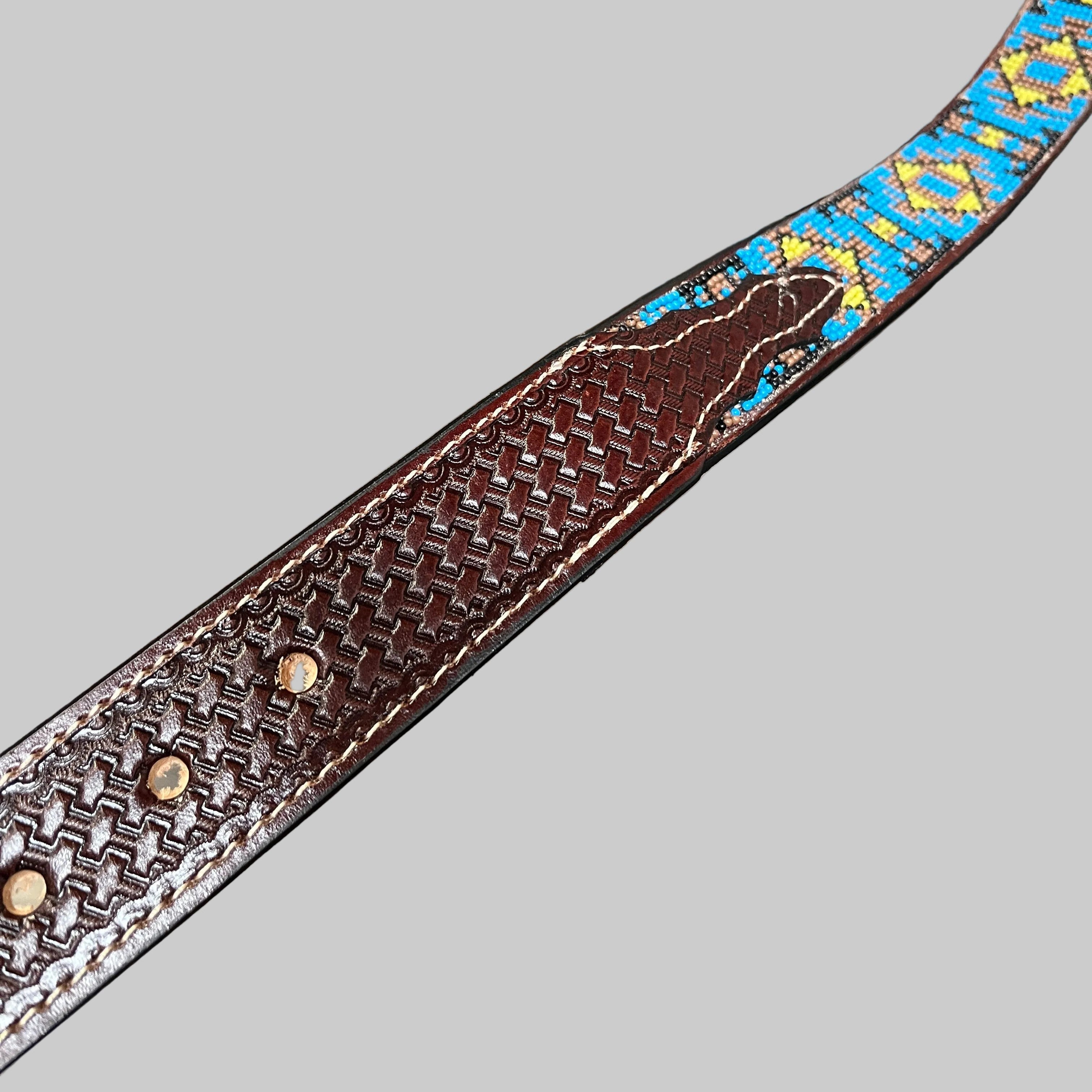 Hand-Tooled Leather Western Belt – Turquoise Aztec Diamond, Handcrafted in Mexico