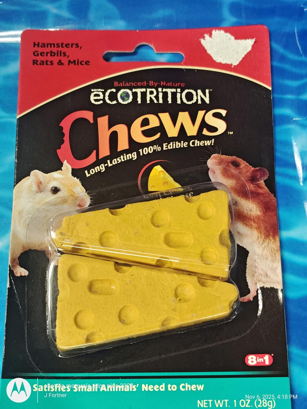 A package of Ecotrition Chews for small pets like hamsters, gerbils, rats, and mice. The product consists of two yellow cheese-shaped edible chews visible through a clear plastic blister pack on a black and red backing card with images of a white and brown hamster.
