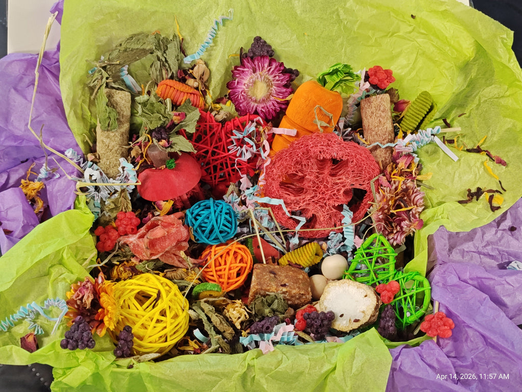 A colorful pet toy and treat box filled with dried herbs, treats, wicker balls, chew sticks, and small decorative items, arranged inside crumpled light green tissue paper with purple tissue paper visible on the sides.