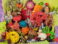 Colorful assortment of decorative items including pumpkins, flowers, and textured objects on a green background.