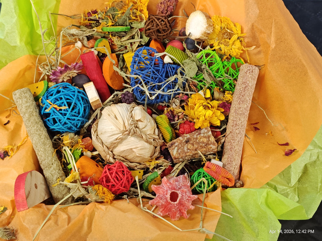 Colorful assortment of decorative items on a yellow background