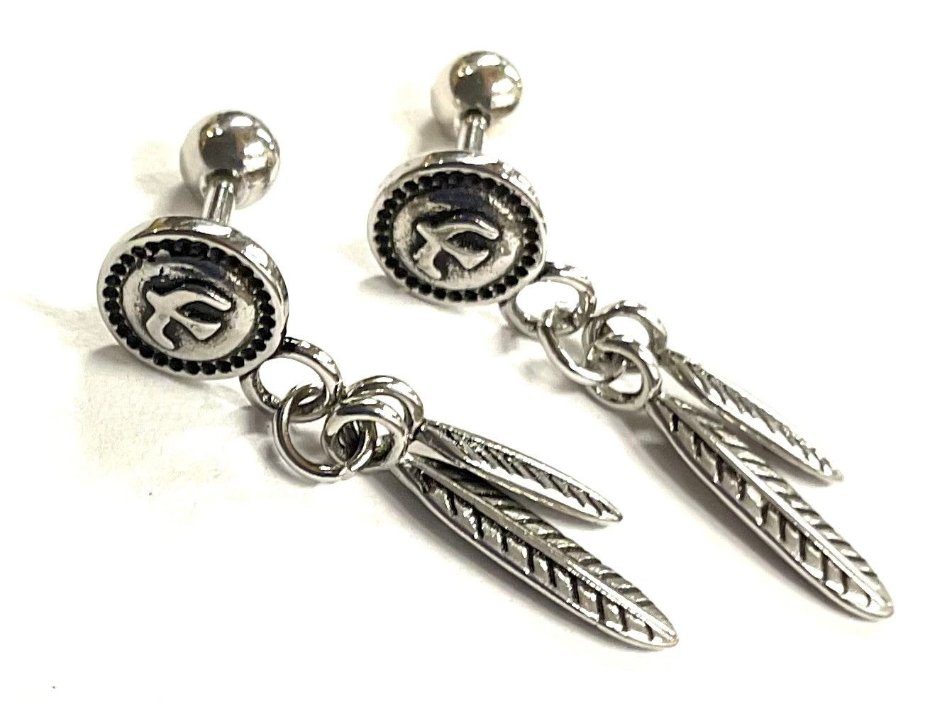 Saint Michaels Double Feather & Eagle Dangle Earrings – Silver Screw Back