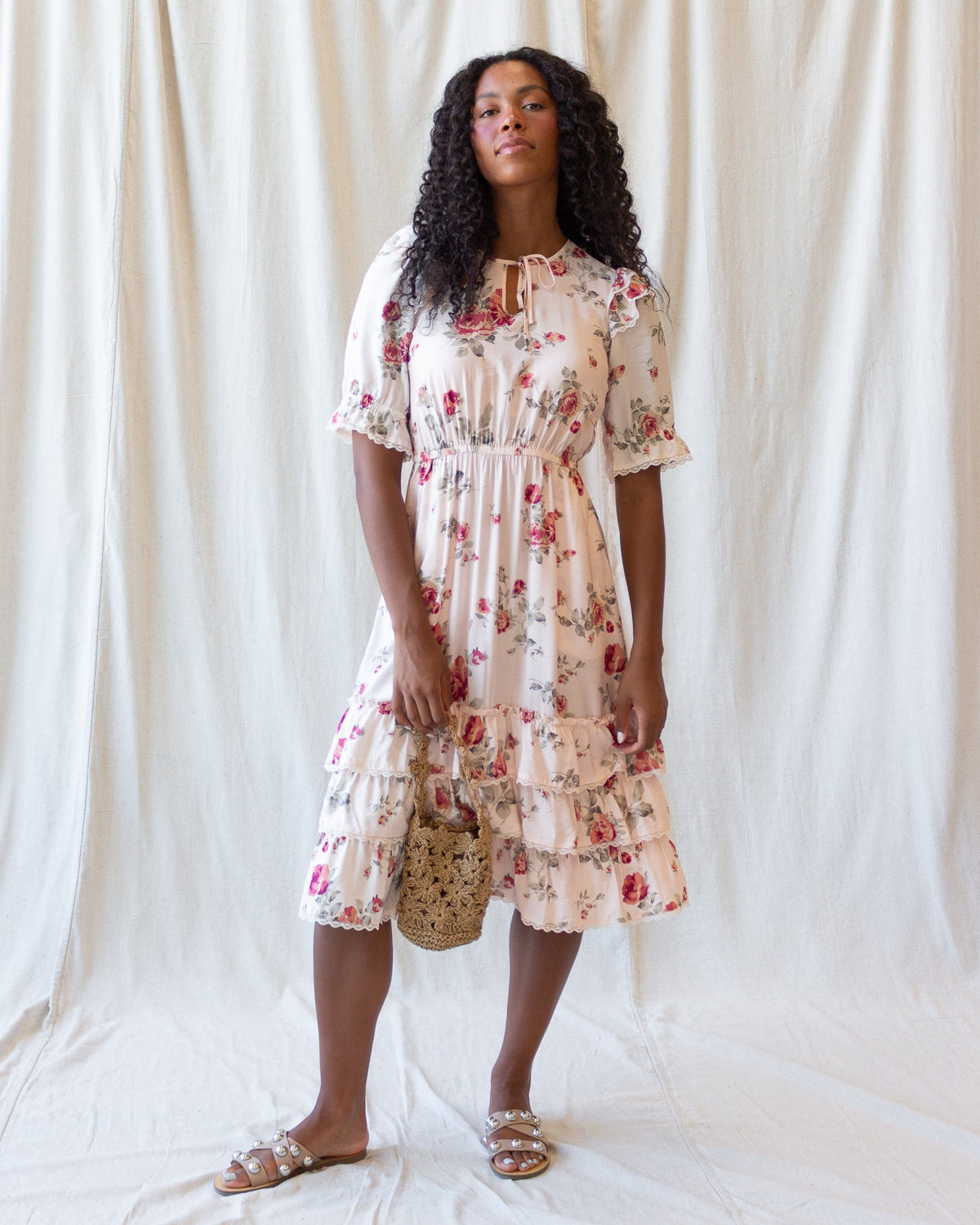Vintage Romance Dress — Lace-Trim Tiered Midi