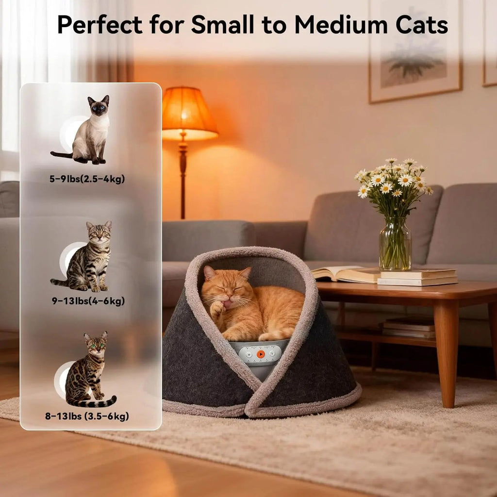 Smart Heated & Cooling Cat Cave Bed – 5 Temperature Modes & White Noise | For Cats Up to 13 lbs