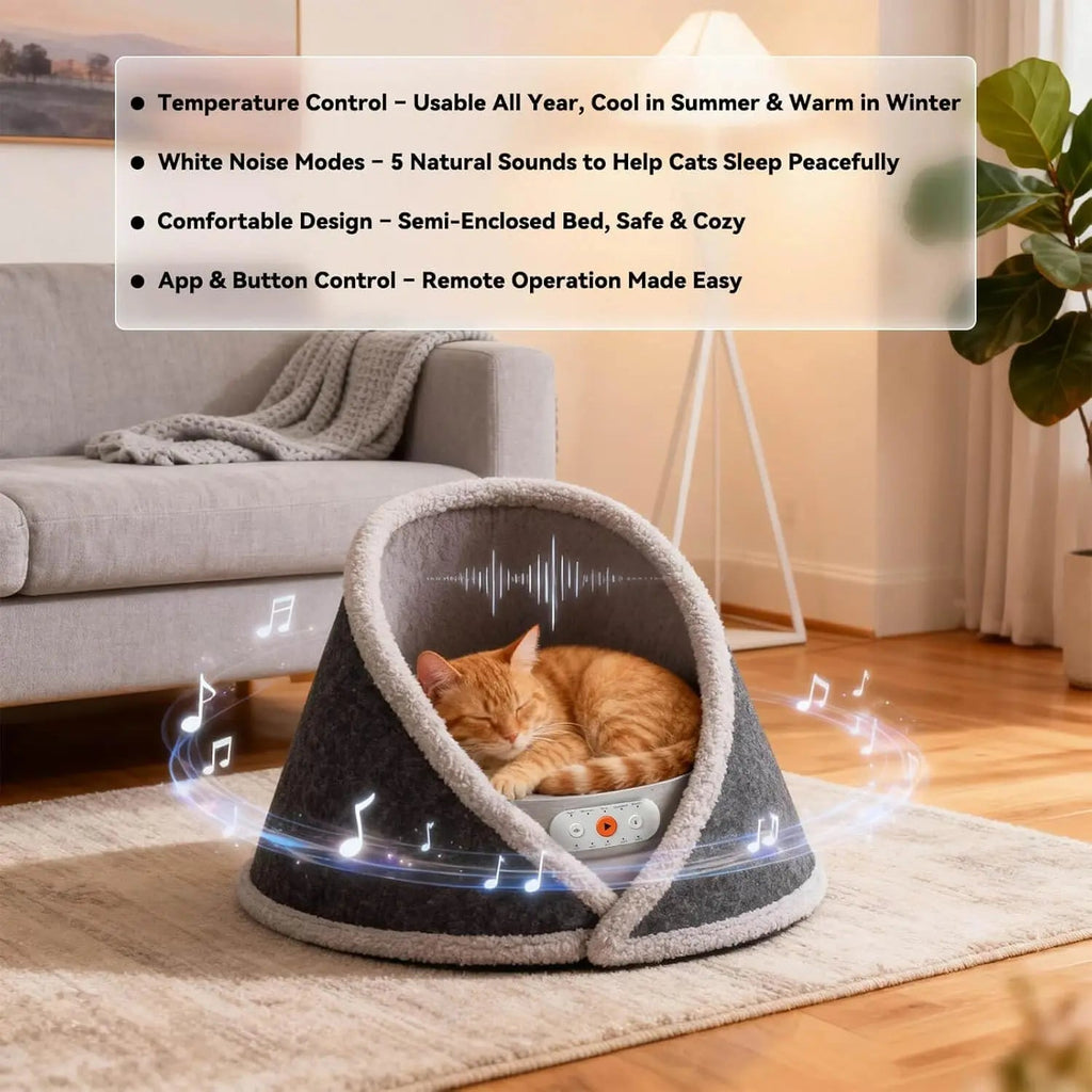 Smart Heated & Cooling Cat Cave Bed – 5 Temperature Modes & White Noise | For Cats Up to 13 lbs