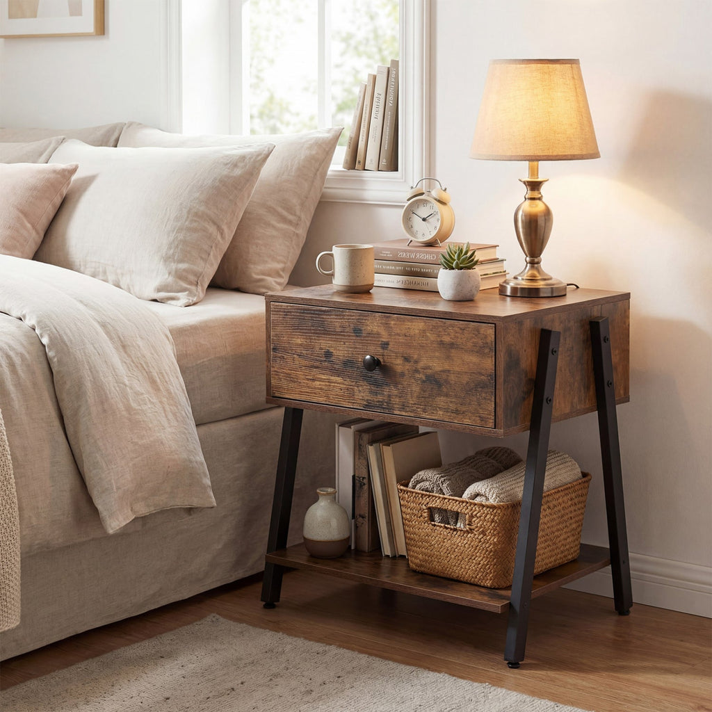 Industrial Nightstand with Drawer & Open Shelf