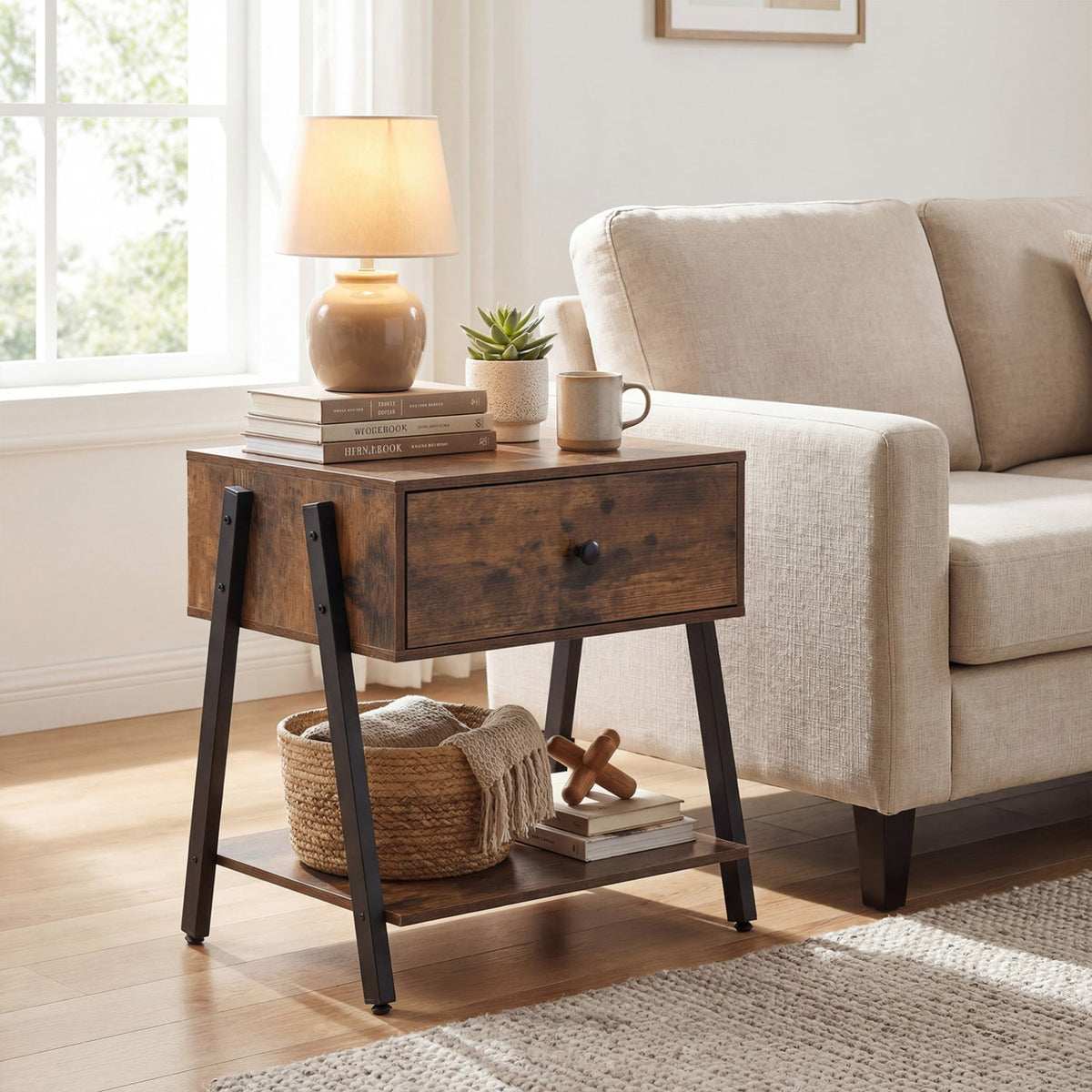 Industrial Nightstand with Drawer & Open Shelf