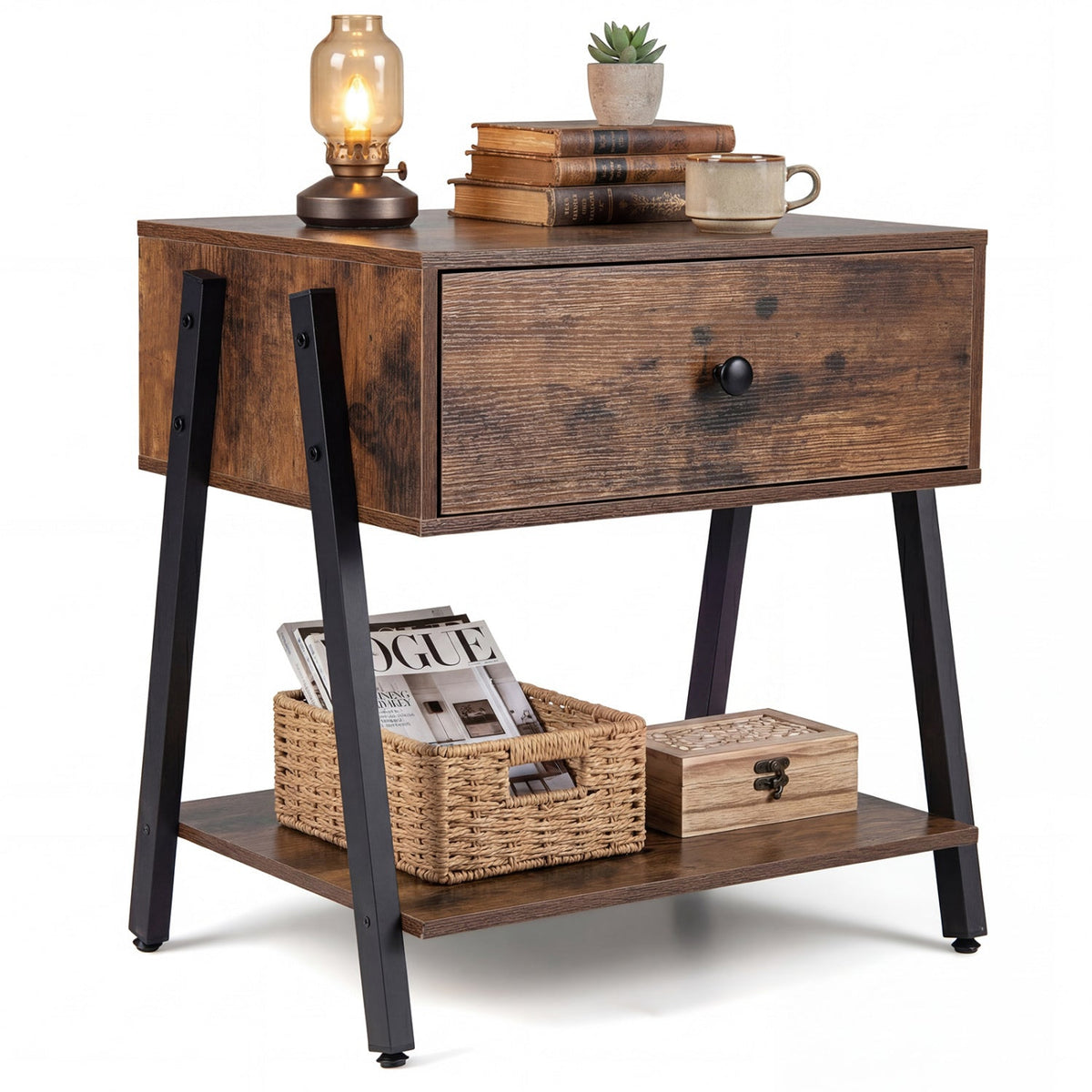 Industrial Nightstand with Drawer & Open Shelf