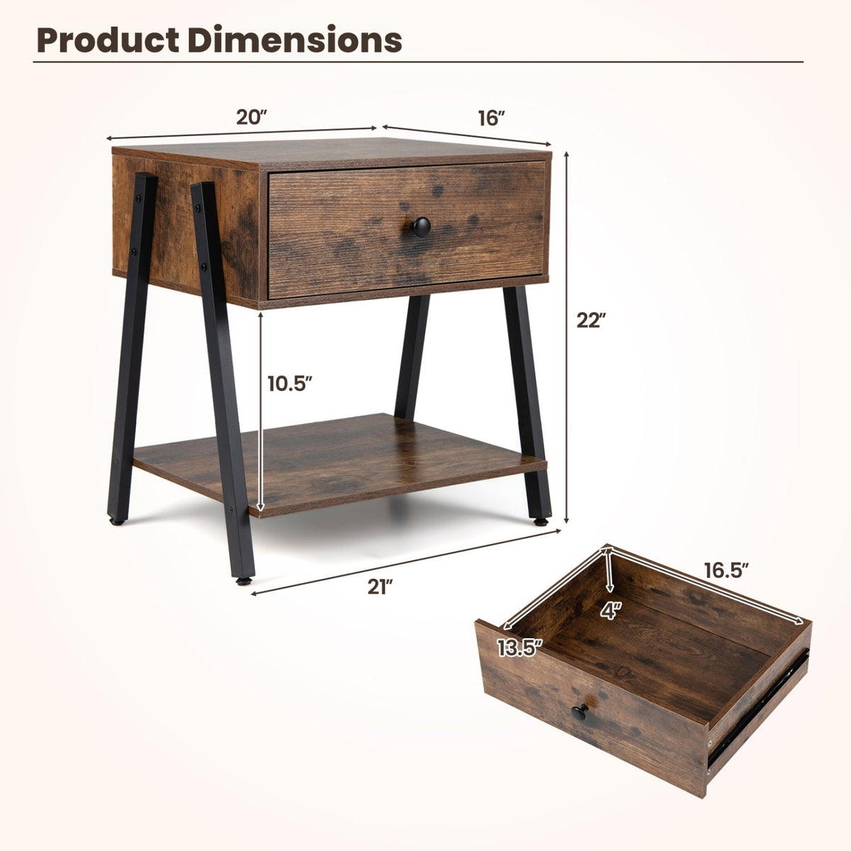 Industrial Nightstand with Drawer & Open Shelf
