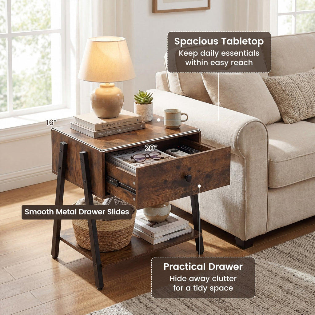 Industrial Nightstand with Drawer & Open Shelf