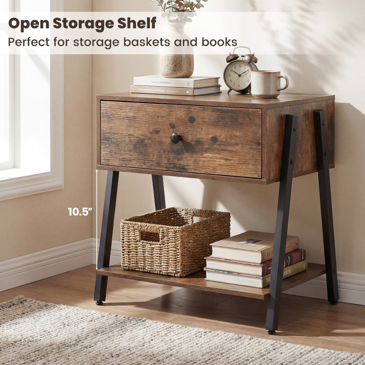 Industrial Nightstand with Drawer & Open Shelf