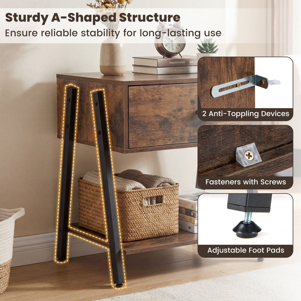Industrial Nightstand with Drawer & Open Shelf