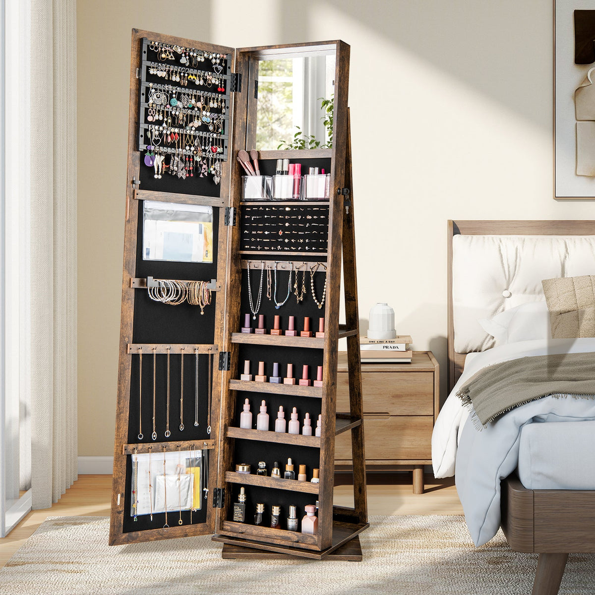 360° Swivel Jewelry Armoire with Full-Length Mirror & Back Shelves