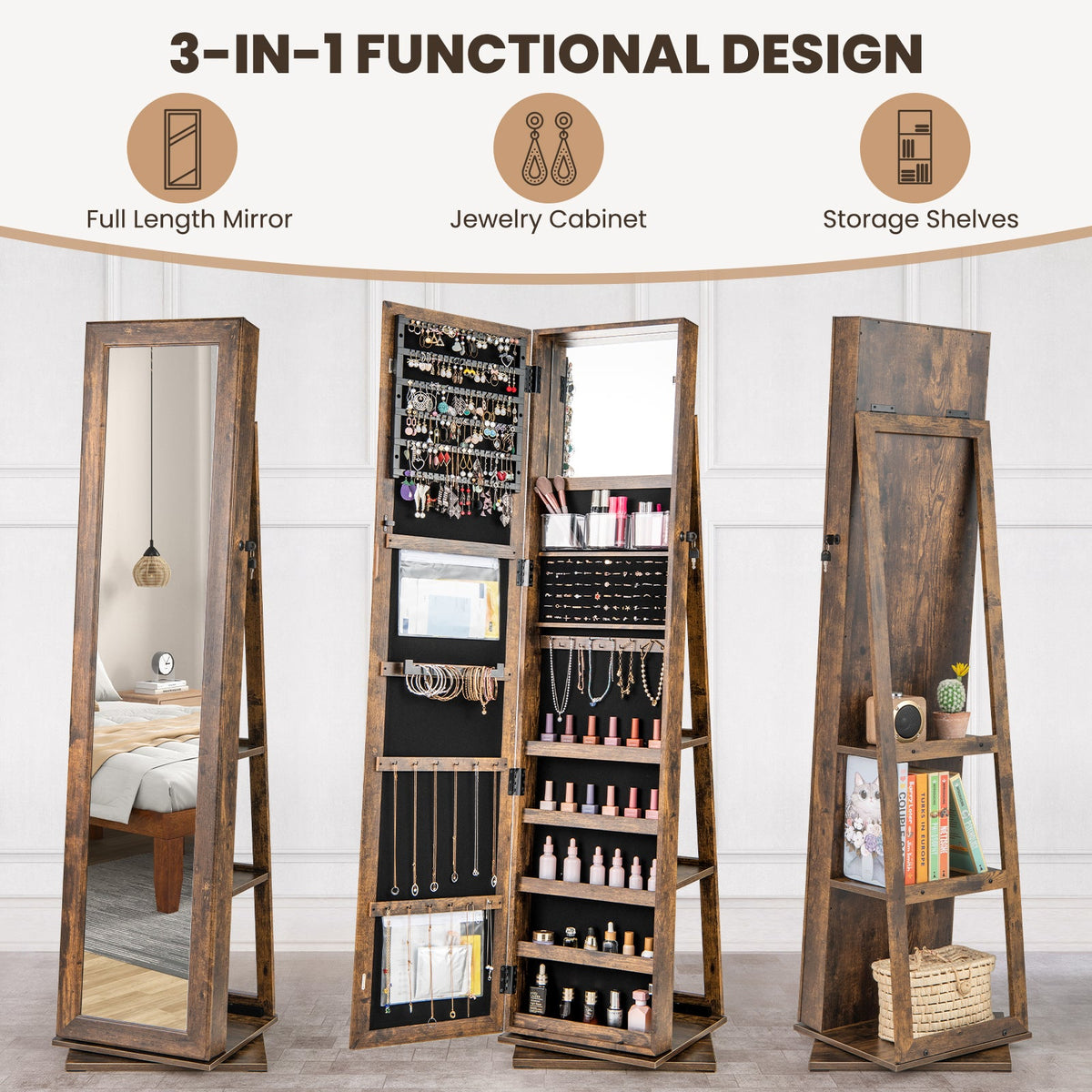360° Swivel Jewelry Armoire with Full-Length Mirror & Back Shelves