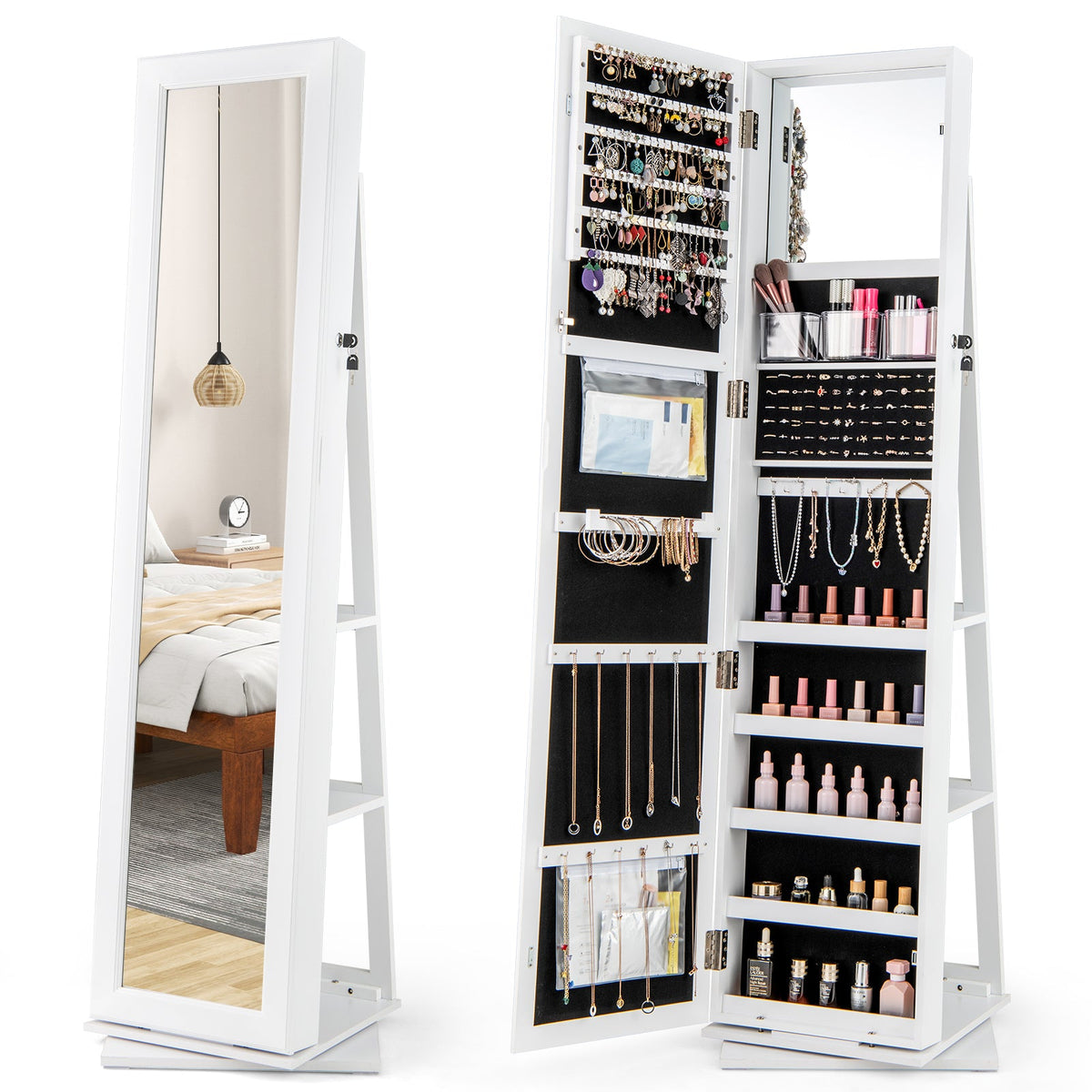 360° Swivel Jewelry Armoire with Full-Length Mirror & Back Shelves
