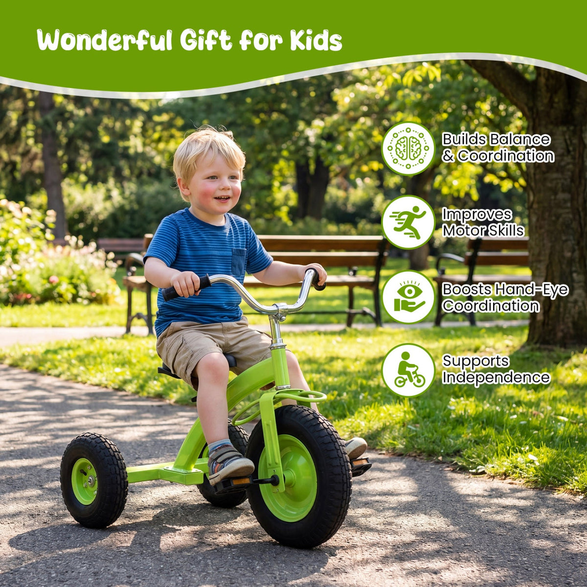 Kids Carbon Steel Tricycle with 14.5" Inflatable Tires & Adjustable Seat