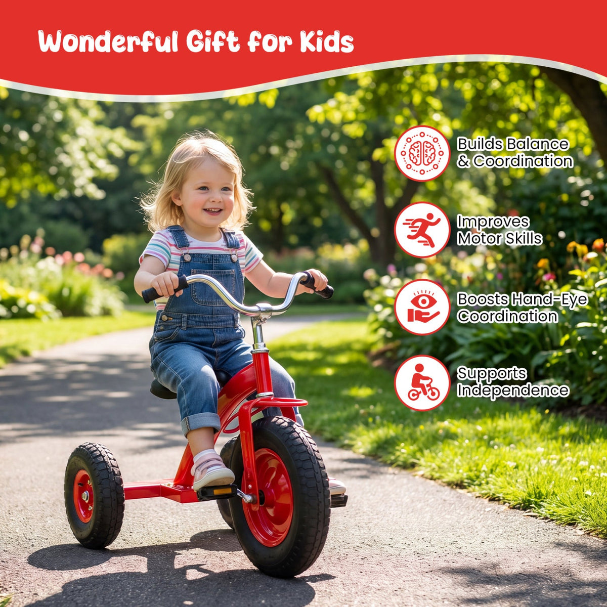 Kids Carbon Steel Tricycle with 14.5" Inflatable Tires & Adjustable Seat