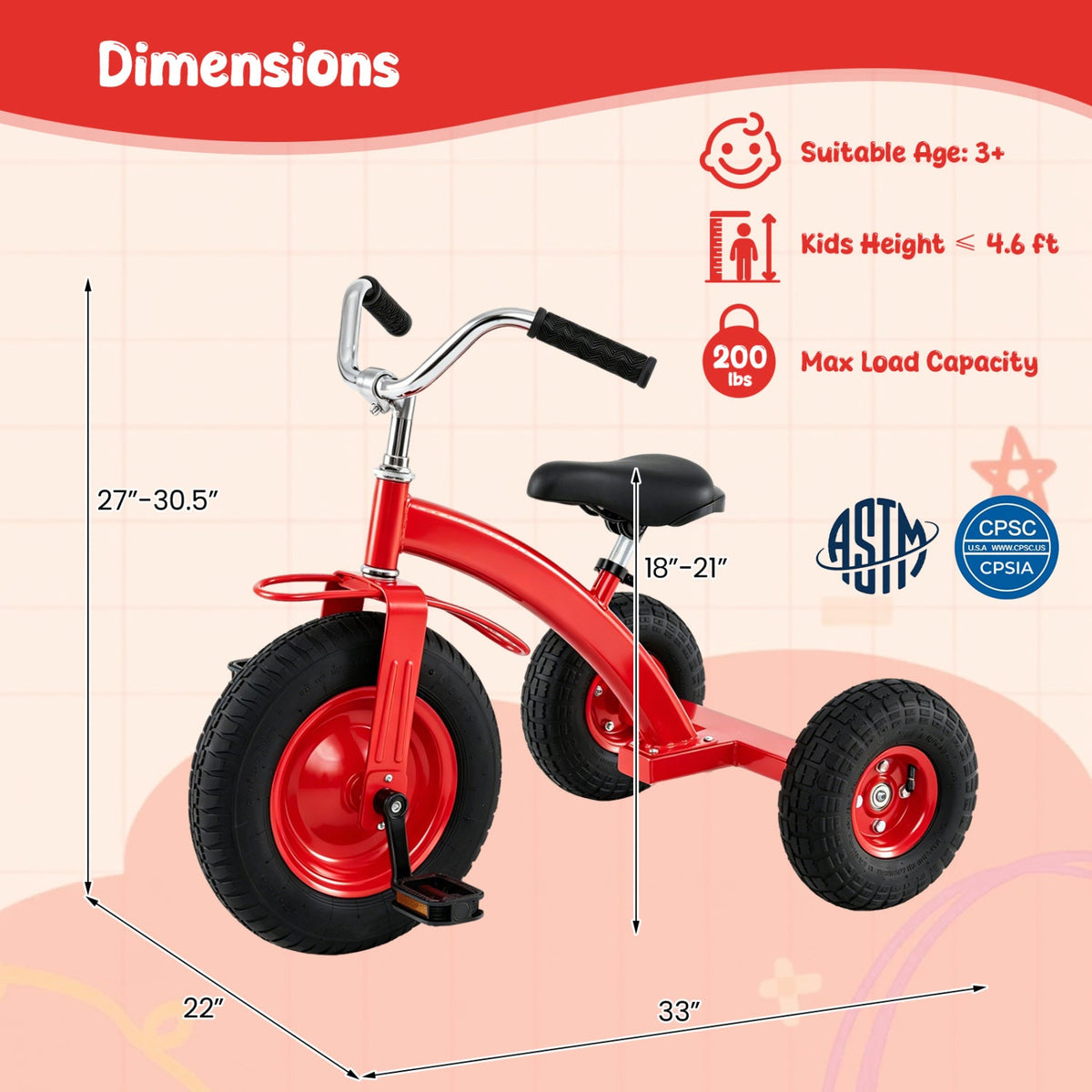 Kids Carbon Steel Tricycle with 14.5" Inflatable Tires & Adjustable Seat