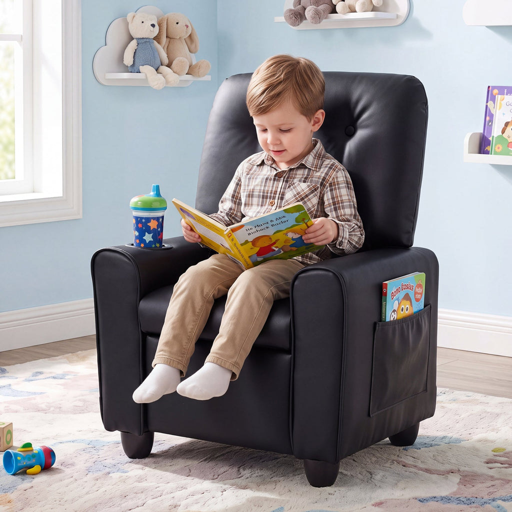 Kids Push-Back Recliner Chair with Cup Holder & Adjustable Footrest