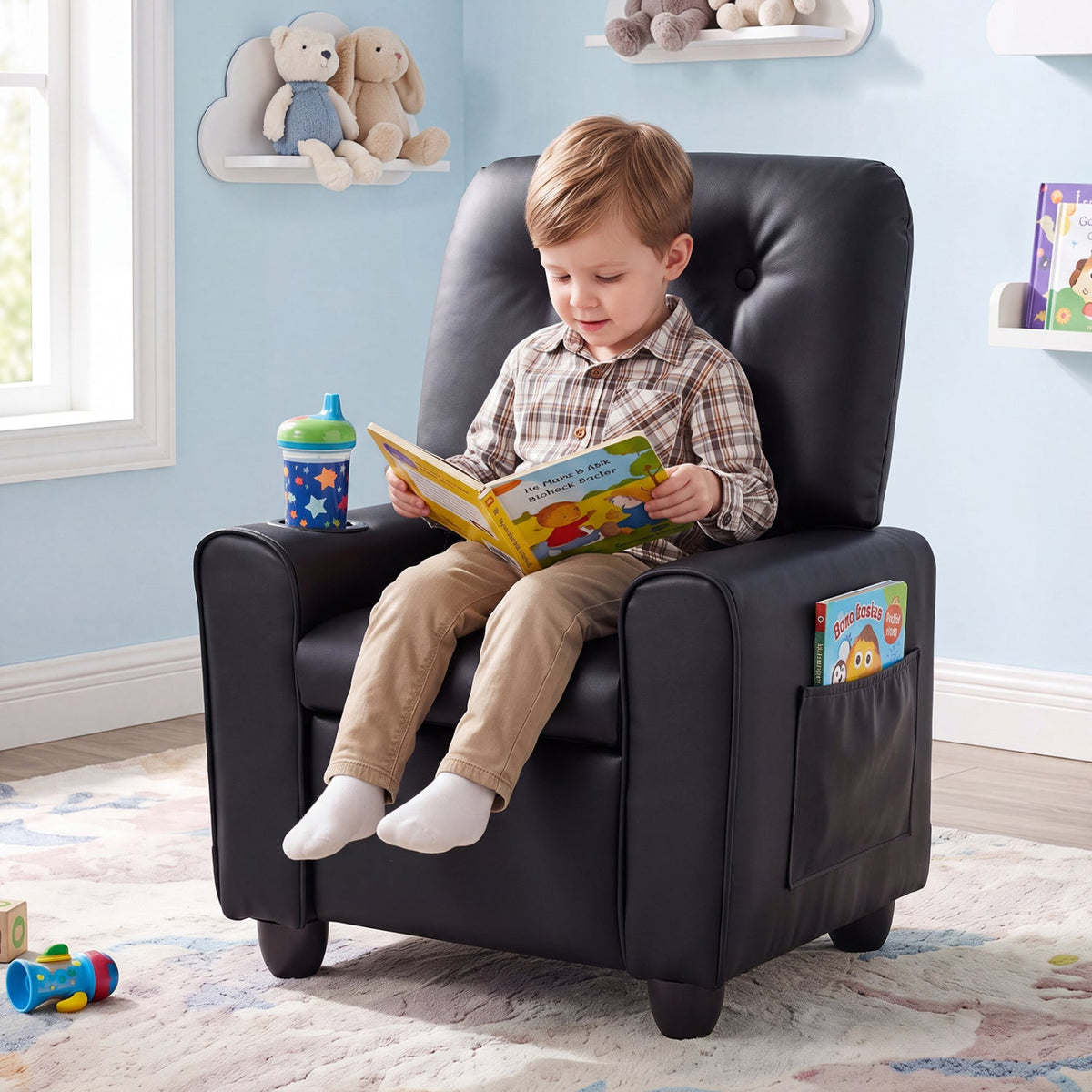 Kids Push-Back Recliner Chair with Cup Holder & Adjustable Footrest