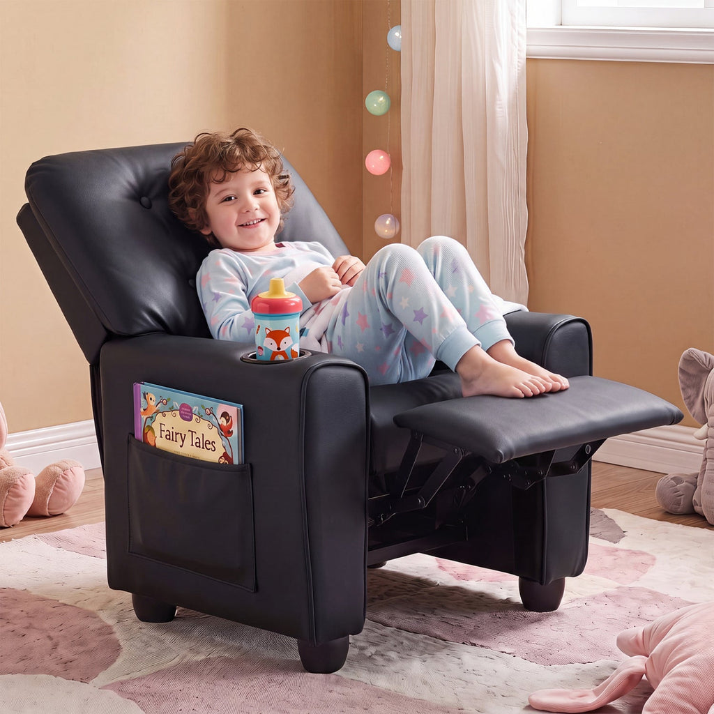 Kids Push-Back Recliner Chair with Cup Holder & Adjustable Footrest