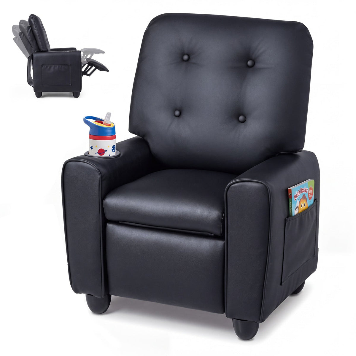 Kids Push-Back Recliner Chair with Cup Holder & Adjustable Footrest