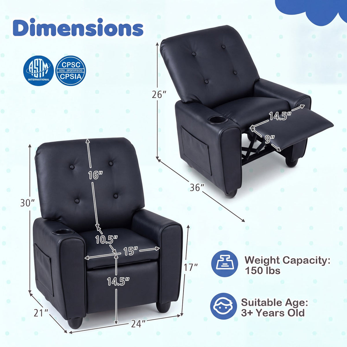 Kids Push-Back Recliner Chair with Cup Holder & Adjustable Footrest