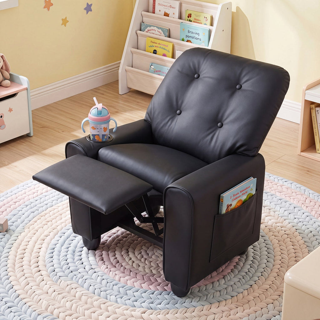 Kids Push-Back Recliner Chair with Cup Holder & Adjustable Footrest