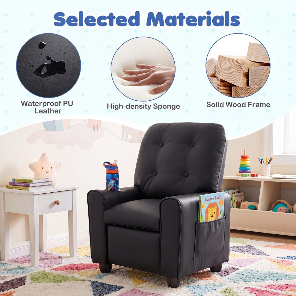 Kids Push-Back Recliner Chair with Cup Holder & Adjustable Footrest