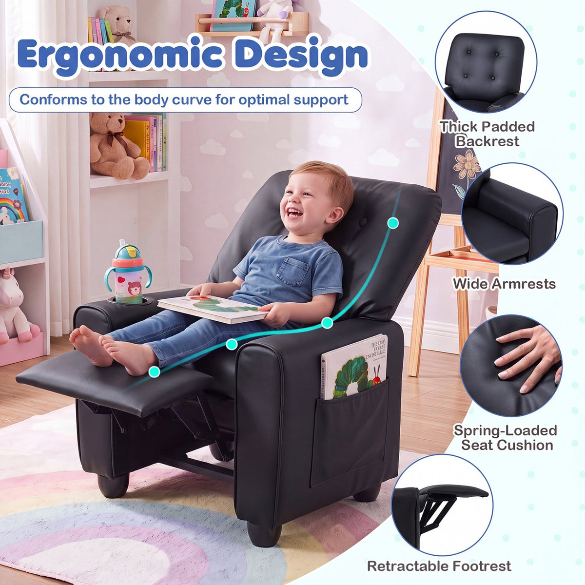 Kids Push-Back Recliner Chair with Cup Holder & Adjustable Footrest