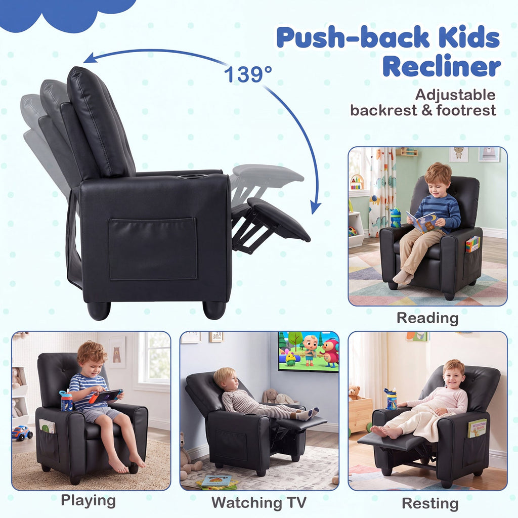 Kids Push-Back Recliner Chair with Cup Holder & Adjustable Footrest