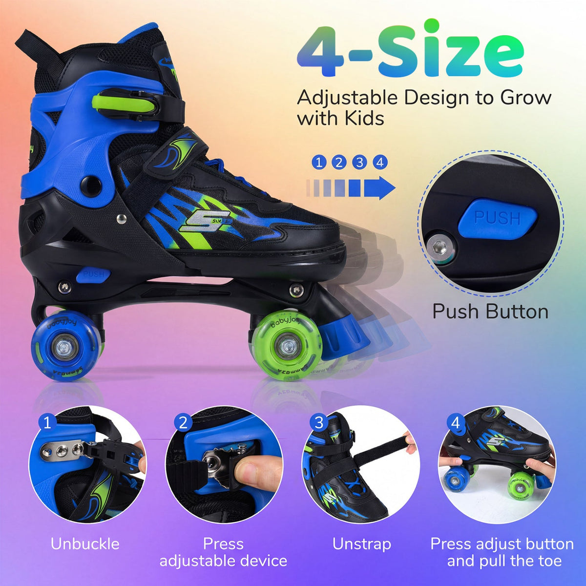 Adjustable Kids' Quad Roller Skates with Light-Up Wheels