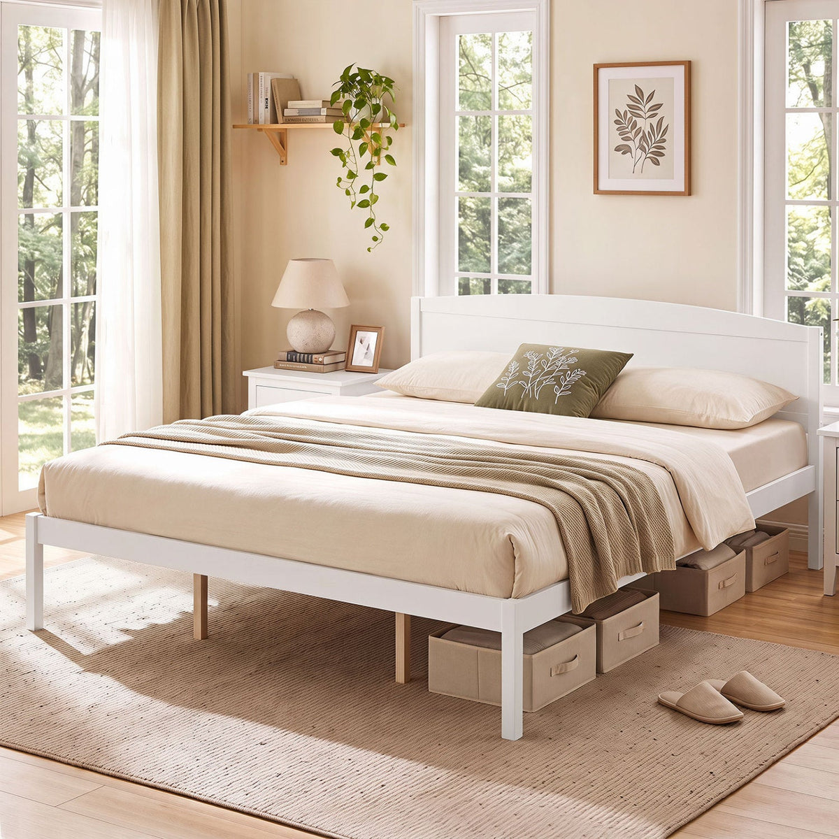 King Platform Bed Frame with Curved Wood Headboard