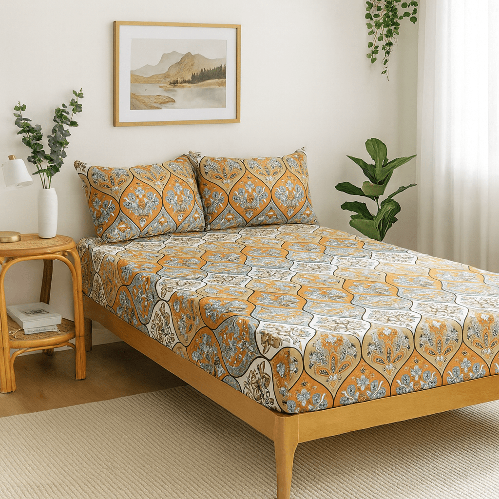 DaDa Bedding Bohemian Floral Paisley Fitted Sheet Set — Coral, Teal & Blue Garden Party