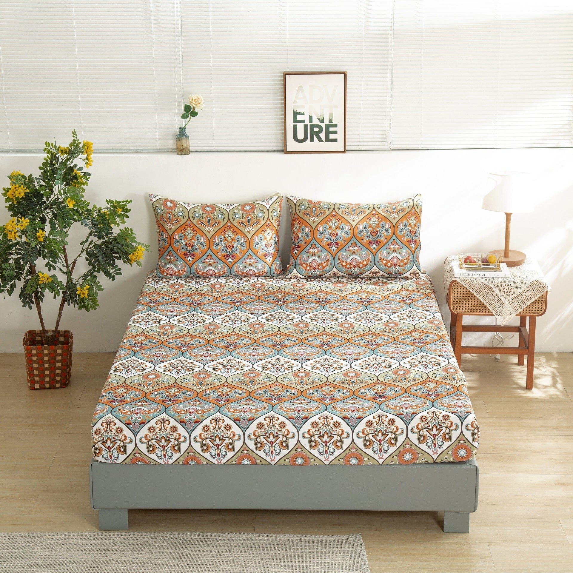 DaDa Bedding Bohemian Floral Paisley Fitted Sheet Set — Coral, Teal & Blue Garden Party